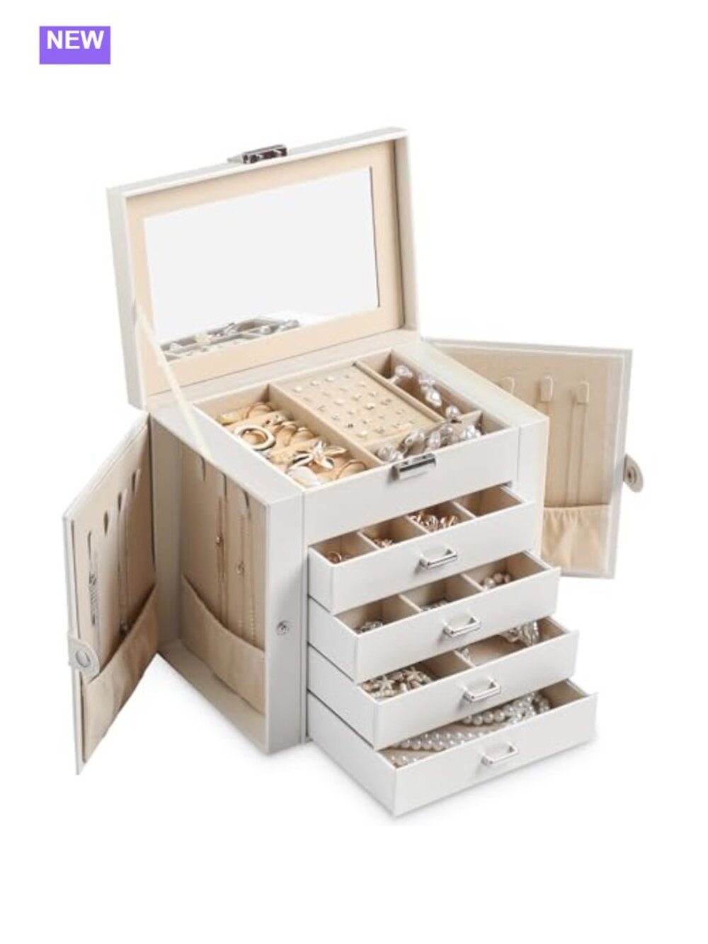 5-Layer Faux Leather Jewelry Box with 4 Drawers & Mirror